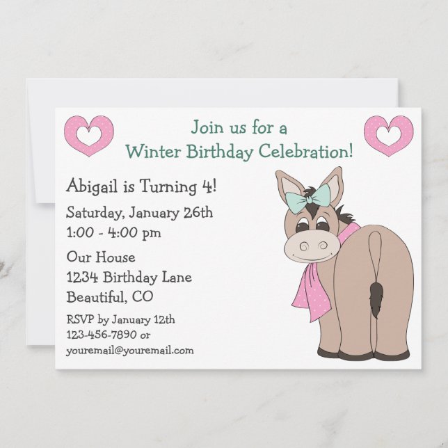 Winter Donkey Birthday Invitation for Girls (Front)