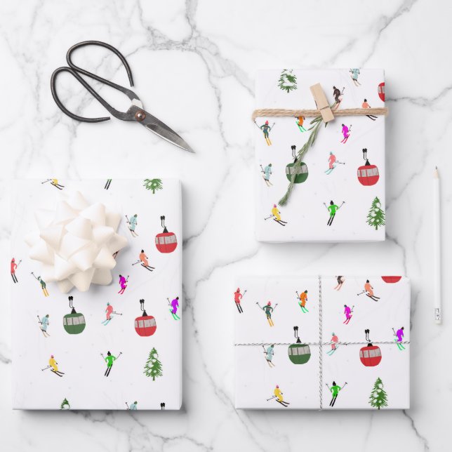Winter Downhill Skiers Skiing Pattern Wrapping Paper Sheet (Front)
