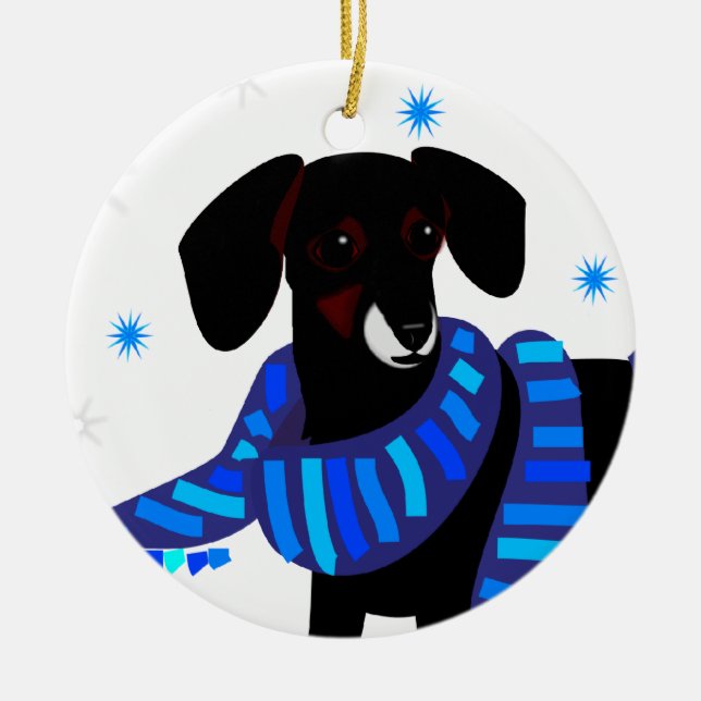 Winter Doxie in blue Ceramic Tree Decoration (Front)