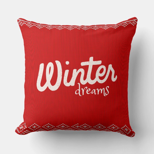 Winter Dreams Knitted Pattern – Cozy Red Holiday D Cushion (Front)