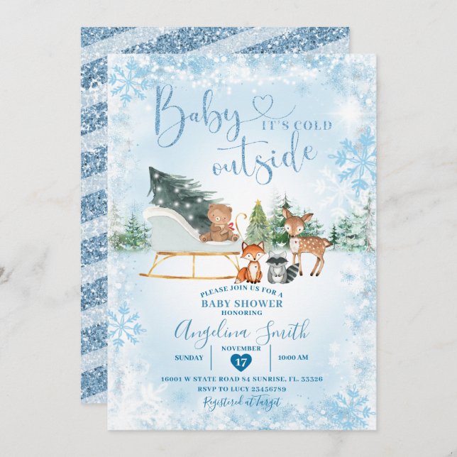 Winter Dreamy Blue Snowflake Sleigh Baby Shower Invitation (Front/Back)