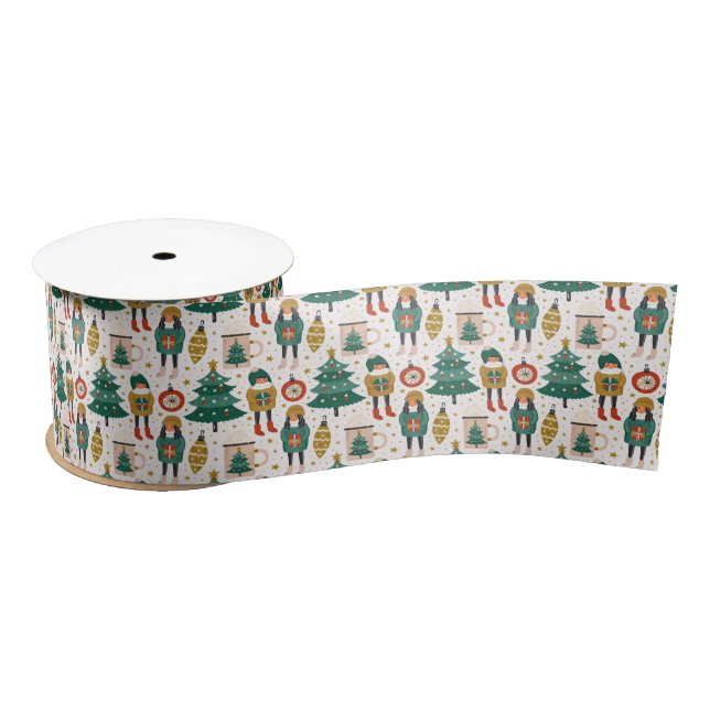 Winter Dressed Kids Red Green Gold Satin Ribbon (Spool)