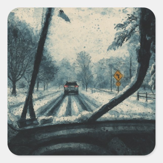 Winter Drive Through the Snow – Windshield View Square Sticker (Front)