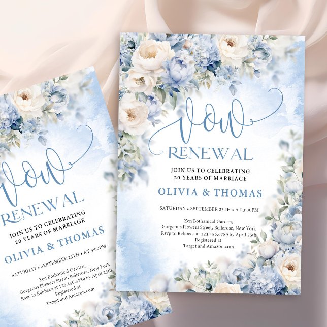 Winter Dusty Blue and Ivory Flowers vow renewal  Invitation (Chic watercolor dusty blue and ivory flowers vow renewal invitation)