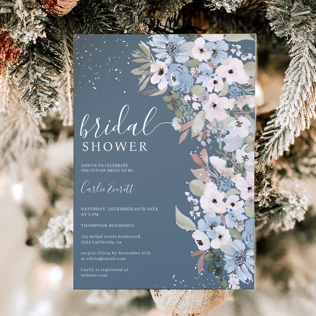 Winter dusty blue floral snow bridal shower invitation (Creator Uploaded)