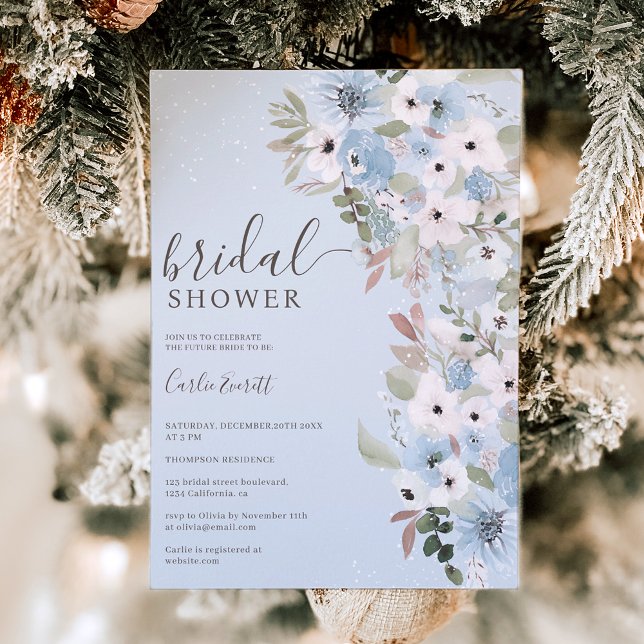 Winter dusty blue floral snow ice bridal shower invitation (Creator Uploaded)