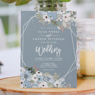 Winter dusty blue floral snow photo script wedding invitation