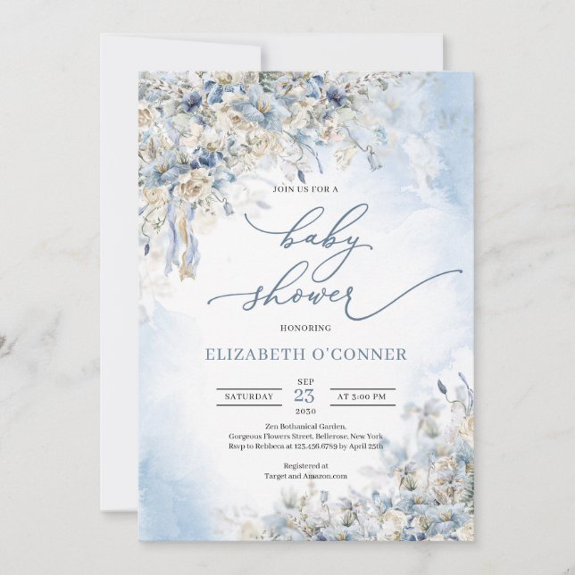 Winter dusty blue floral white roses eucalyptus invitation (Front)