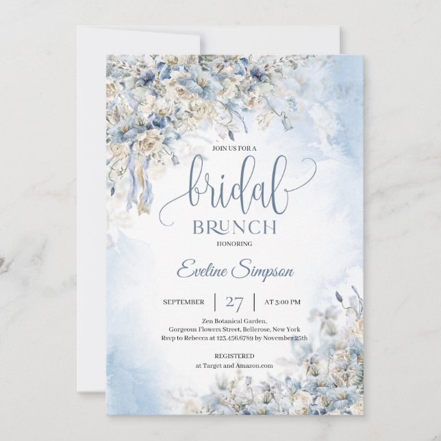 Winter dusty blue flowers eucalyptus Bridal brunch Invitation (Front)