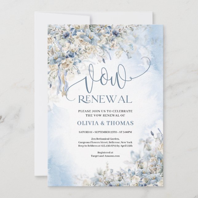 Winter dusty blue flowers ivory roses vow renewal  invitation (Front)
