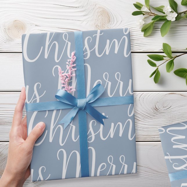 Winter Dusty Blue Merry Christmas Script Holiday Wrapping Paper (Creator Uploaded)