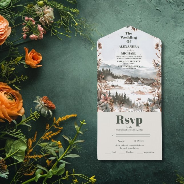 Winter Dusty Blue Mountain Minimalist Wedding  All In One Invitation (Creator Uploaded)