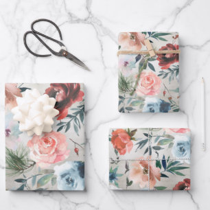 Winter Dusty Blue & Pink Roses Pine & Rose Hip  Wrapping Paper Sheet