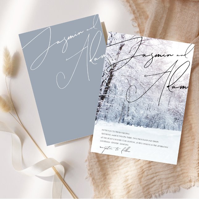 Winter Dusty Blue Woodland Script Wedding Invitation (Winter Snow Dusty Blue Woodland Script Wedding Invitation)