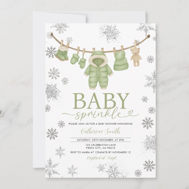 Winter Dusty Green Sprinkle Snowflakes Baby Shower Invitation (Front)