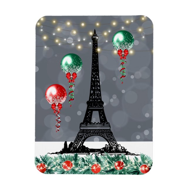 Winter Eiffel Tower, Christmas Balloons Nighttime Magnet (Vertical)