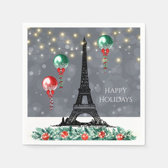 Winter Eiffel Tower, Christmas Balloons Nighttime Napkin (Front)