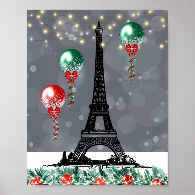 Winter Eiffel Tower, Christmas Balloons Nighttime  Poster (Front)