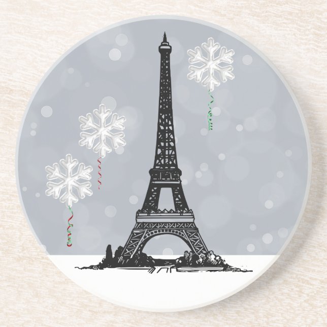 Winter Eiffel Tower, Snowflake Balloons Christmas Coaster (Front)