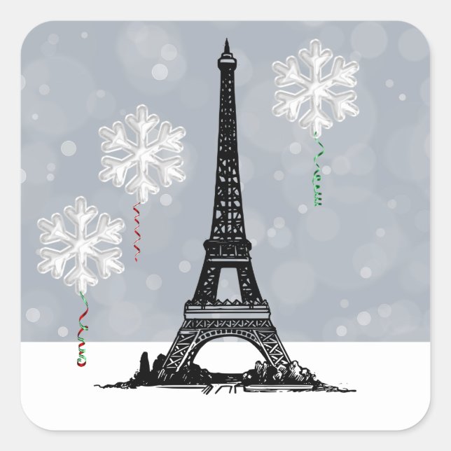 Winter Eiffel Tower, Snowflake Balloons Christmas Square Sticker (Front)