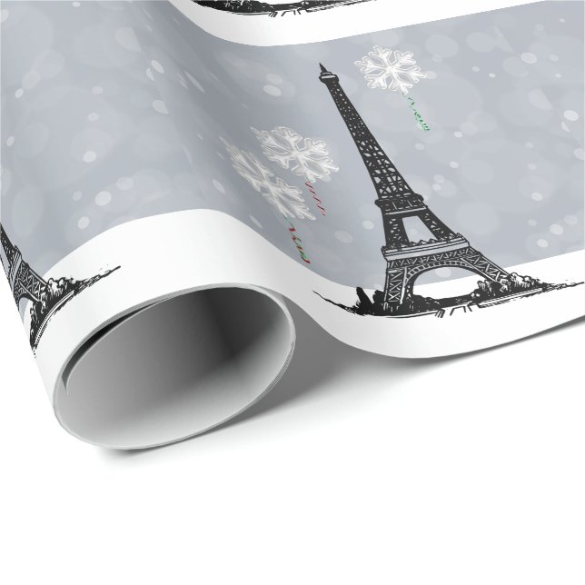 Winter Eiffel Tower, Snowflake Balloons Christmas  Wrapping Paper (Roll Corner)