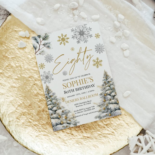 Winter Eighty Birthday Invitation Gold and Silver (Creator Uploaded)