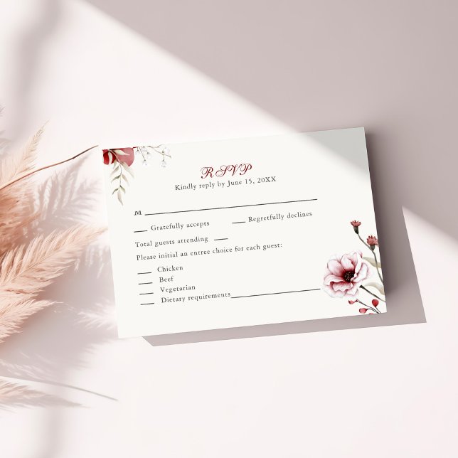 Winter Elegant Burgundy Floral Wedding RSVP Card (Burgundy Winter Elegance Wedding RSVP Card on a sunny table.)