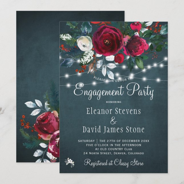 Winter elegant floral rustic engagement party invitation (Front/Back)
