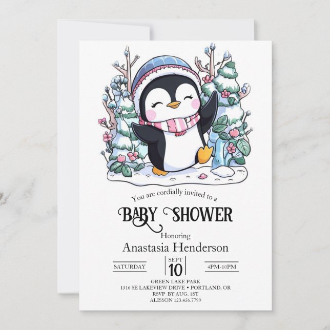 Winter Elegant Penguin Baby Shower Invitation (Front)