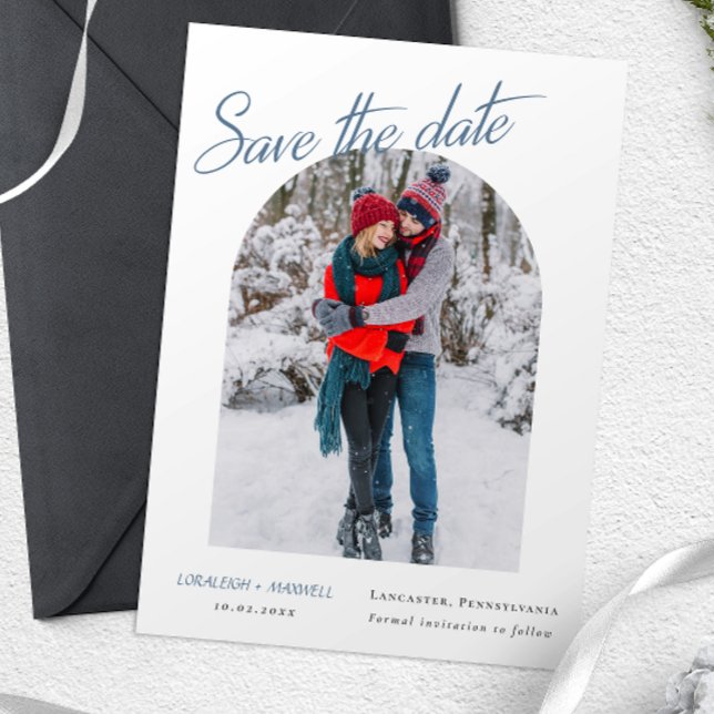 Winter Elegant  Photo Dusty Blue Calligraphy  Save The Date (Creator Uploaded)