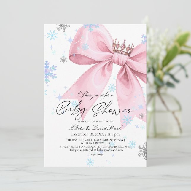 Winter Elegant Pink Bow Baby Shower Invitation (Standing Front)