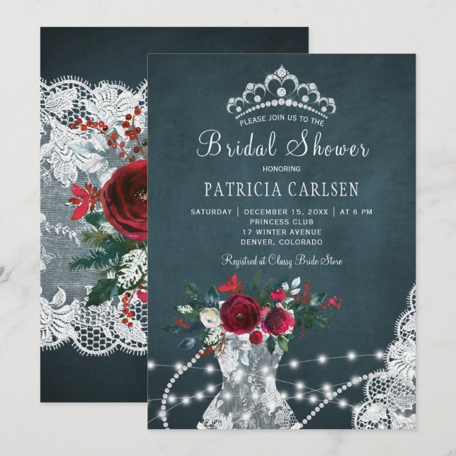 Winter elegant rustic floral chic bridal shower invitation (Front/Back)