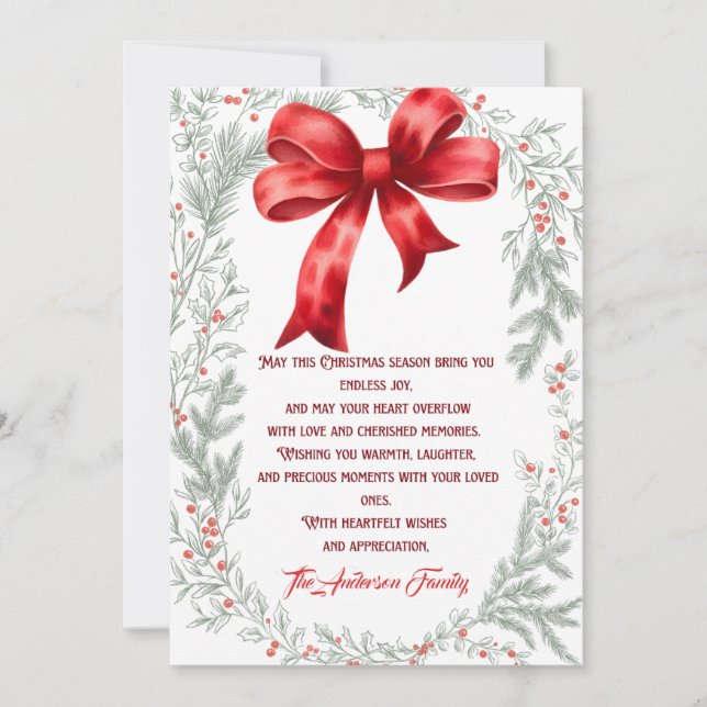 Winter Elegant Watercolor Red Bow Christmas Holiday Card (Front)