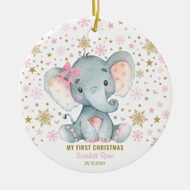 Winter Elephant 1st Christmas Snowflake Baby Girl Ceramic Tree Decoration (Front)