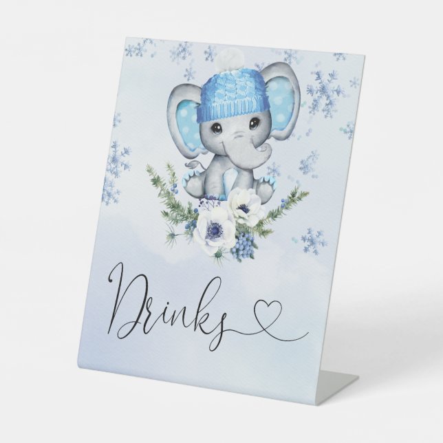 Winter Elephant Baby Shower Drinks  Pedestal Sign (Front)