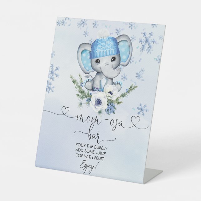 Winter Elephant Baby Shower Mum-osa Bar Pedestal S Pedestal Sign (Front)