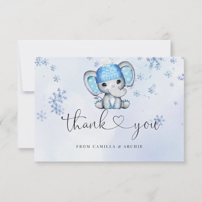 Winter Elephant Baby Shower Thank You Card (Front)