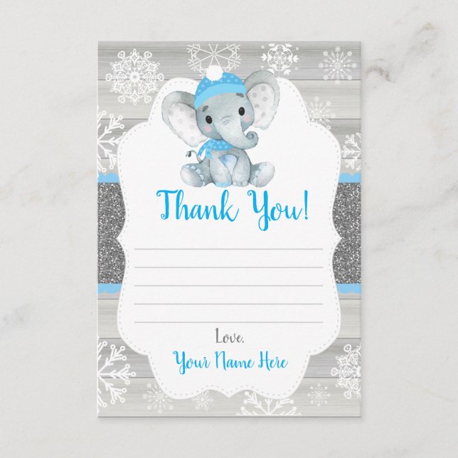 Winter Elephant Blue Boy Thank You Card, rustic Enclosure Card (Front)