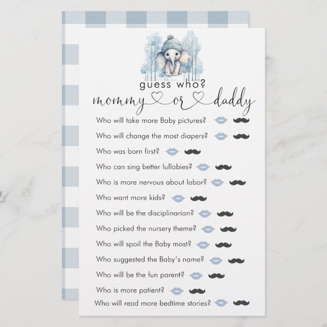  Winter elephant Boy Baby Shower "Guess Who" Game (Front/Back)