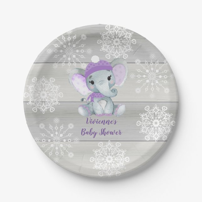 Winter Elephant purple Plate Baby Shower, Birthday (Front)