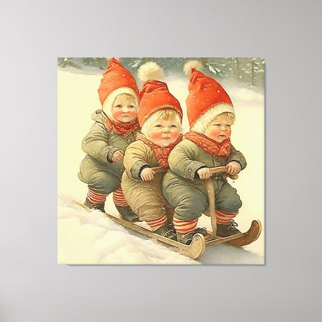 Winter Elves Sledding in the Snow Canvas Print (Front)