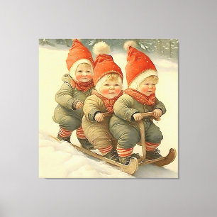 Winter Elves Sledding in the Snow Canvas Print