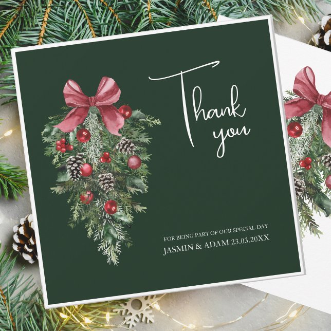 Winter Emerald Green Festive Christmas Wedding Thank You Card (Creator Uploaded)