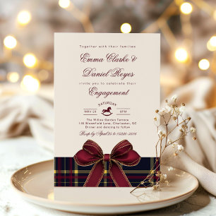 Winter Engagement party Christmas Plaid Red Bow Invitation