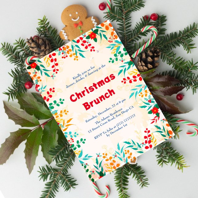 Winter Eucalyptus Pine Poinsettia Christmas Brunch Invitation (Creator Uploaded)