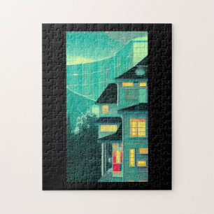 Winter evening lit house glass building pine trees jigsaw puzzle
