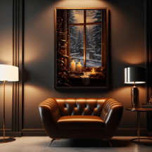 winter evening with a warm candlelit window poster