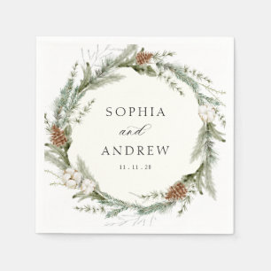 Winter Evergreen and Cotton Wedding Napkin