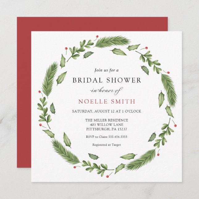 Winter Evergreen and Holly Bridal Shower Invitation (Front/Back)