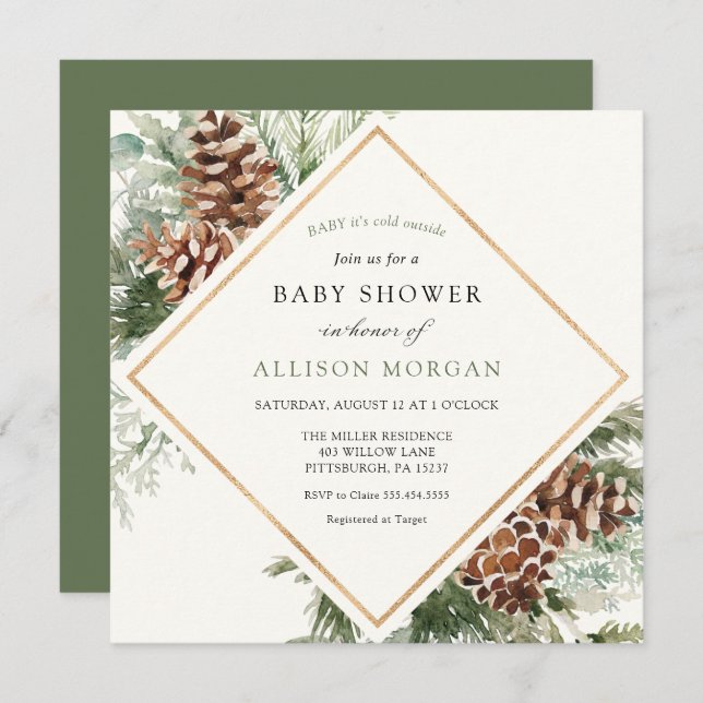 Winter Evergreen and Pine Baby Shower Invitation (Front/Back)